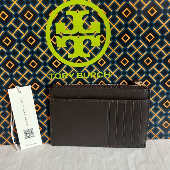 Tory Burch Britten Soft Zip Card Case Mini Wallet Dark Mahogany Gold Brown - Picture 2 of 7